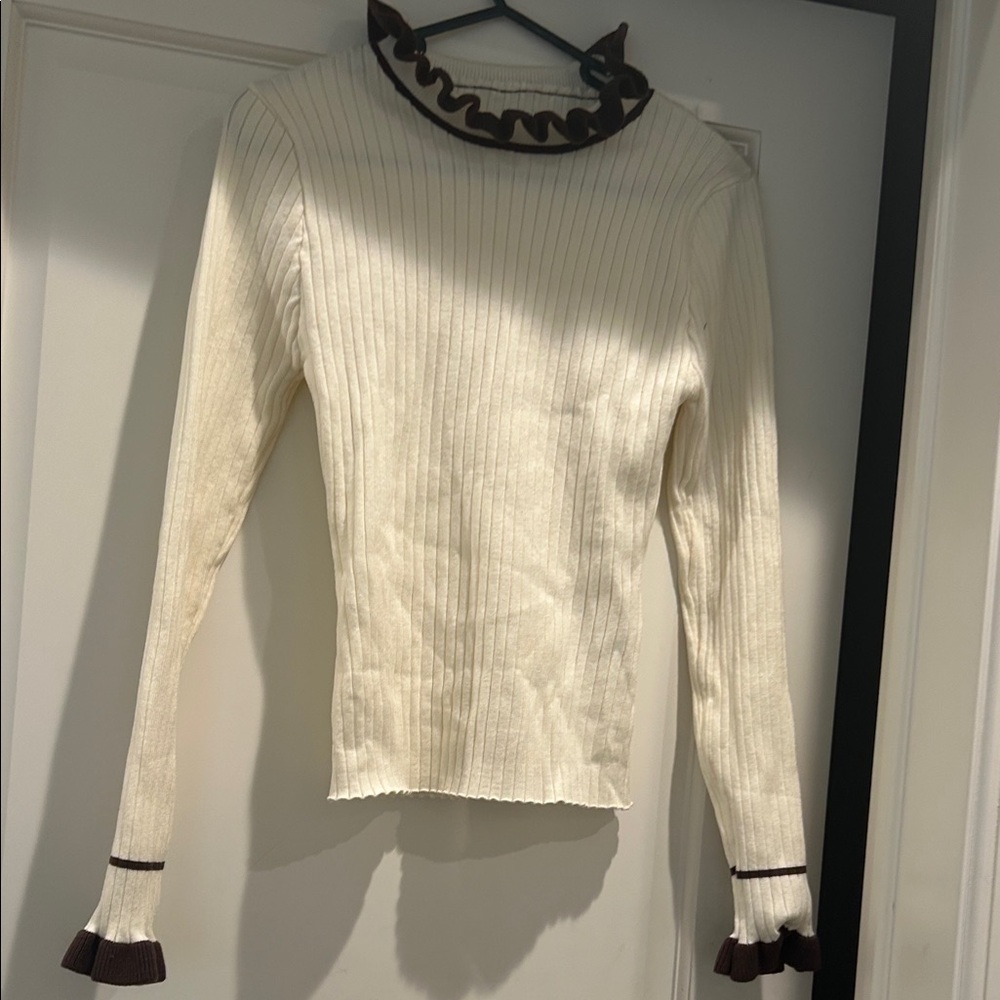 SHEIN Cream and Brown Ruffle Trim Long Sleeve Top